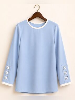 ELI Powder Blue Stretch Cotton Top | Decorative Lace-Up Sleeve Detail | XL